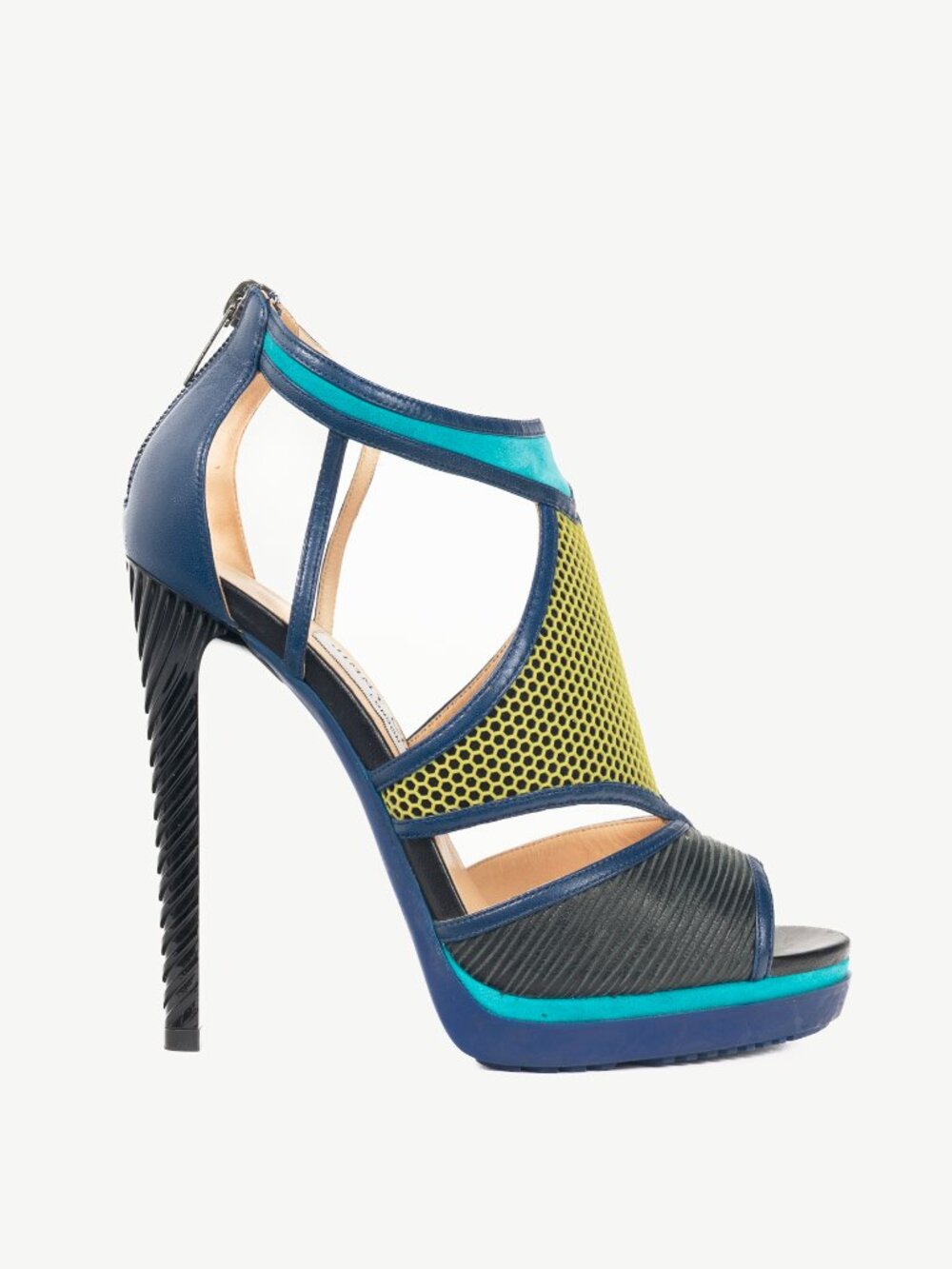 Jimmy Choo Lythe Black & Acid Yellow Embossed Leather & Honeycomb Suede Sandals